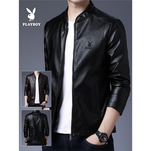 Playboy (PLAYBOY ICON) 2024 new PU leather men's leather jacket Korean style trend autumn and winter leather jacket motorcycle plus fleece jacket handsome trend MT-2079 black plus fleece 4XL