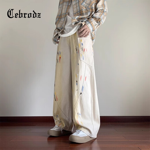 Cebrodz Frankreich bemalte Scimitar Jeans Frühling und Sommer Amerikaner Modemarke Herrenhosen Design Lose Wide-Big Hosen Weiß L.