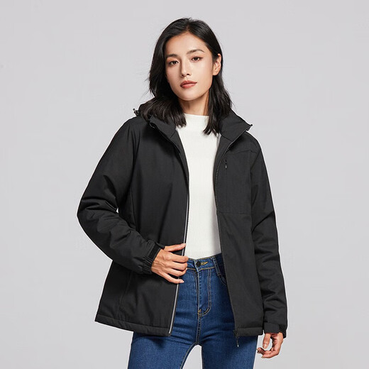 Yalu plus velvet jacket for women, Korean version, small short windproof and thermal windbreaker ins casual single-layer mountaineering jacket 9930S Obsidian black-women [solid color] XL
