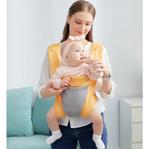 C baby strap is lightweight, front and rear dual-purpose, simple newborn front-held multi-functional back-back baby, classic upgraded version yellow 0-3 years old, free protective hat