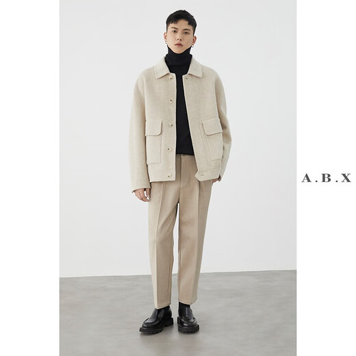 a.b.x Winter heavyweight full wool lapel workwear large pocket double-sided nylon jacket men's loose thickened tweed jacket light coffee M/170