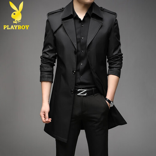 Playboy windbreaker men's autumn and winter new high-end mid-length slim fit light business casual plus velvet 2004 British men's jacket trend thickened 8908 cotton black 165/M recommended 100-115 Jin Jin is equal to 0.5 kg to wear