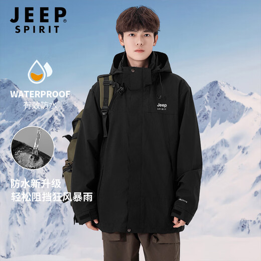 JEEP SPIRIT Jacket Men's Three-in-One Outdoor Fleece Mountaineering Suit Cold-proof Waterproof Wind Clothes Men Black XL