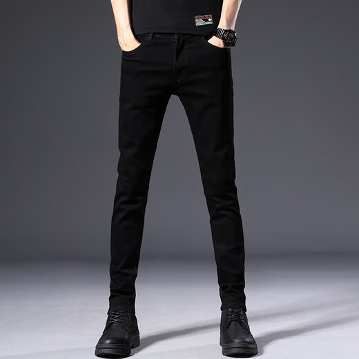 Jeanswest jeans men's slim feet men's pants spring and autumn new Korean style trendy elastic versatile men's long trousers 902 black size 28
