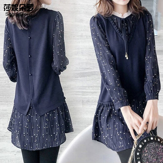 Shanidoluo Fat Damen-Kleidung schlankes Kleid neuer Frühlings- und Herbst-Chiffon-Hemd Langes Bauch Cover T-Shirt 15283 Dunkelblau 2xl empfohlen 120-140jin [Jin gleich 0,5 kg] zum Tragen