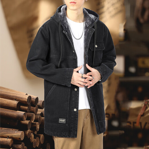 Trendy and Winter Park Overcoming Denim Jacket Men's Plus Fleece Thickened Medium-length Trendy Warm Thickened Coat Hooded Jacket Men's Black L [130-145Jin[Jin equals 0.5 kg]]