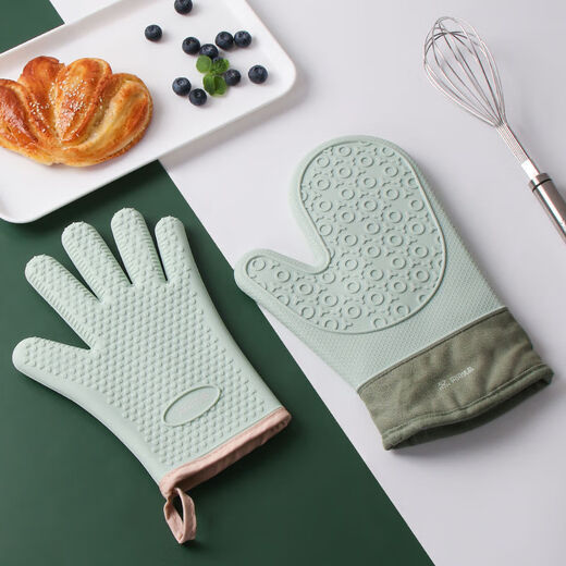 Home kitchen silicone anti-scalding thickened heat insulation gloves baking tray high temperature oven microwave oven special gloves spruce green five-finger large one