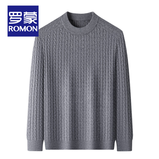 ROMON Henley collar heavyweight woolen sweater for men autumn and winter casual old money hemp pattern sweater warm base layer lace gray XL 115