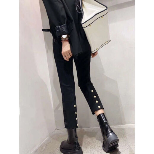 依慕琪欧洲站202秋冬新款胖m高腰牛仔裤女显瘦烟筒裤烟管裤九分裤 693后纽扣裤子高弹力春秋款 S  8095斤