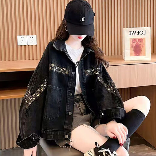 Jaqueta de mezclilla negra inteligente para mujeres 2025 Spring y otoño Nuevo diseño Retro Hong Kong Estudiante Corea de mezclilla Corea de mezclilla 9926# Estilo de imagen [negro] L [sugerido 111-125Jin [Jin es igual a 0.5 kg]]]