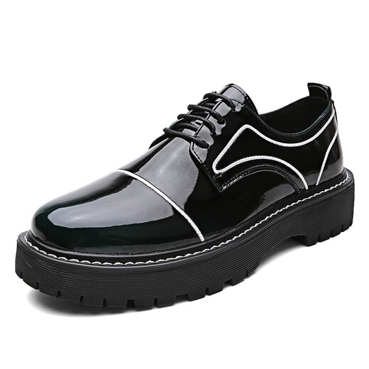 
Woodpecker 2025 British style round head thick sole black leather shoes for men Korean style hairstylist formal business glossy men's shoes new style black and green 15276 41