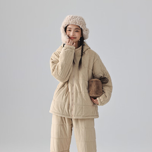 Kissing Cat winter thickened couples quilted pajamas island velvet three-layer thickened men's suit home clothes can be worn outside 6463 Cream Apricot Women L