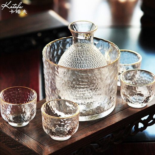 Katav Japanese-style sake pot set hammered glass cup sake cup yellow wine cup wine warmer white wine small cup red wine wine set wine divider yellow wine cup jug Japanese-style sake pot 1 pot 4 cups + wine warmer set (gold pattern)