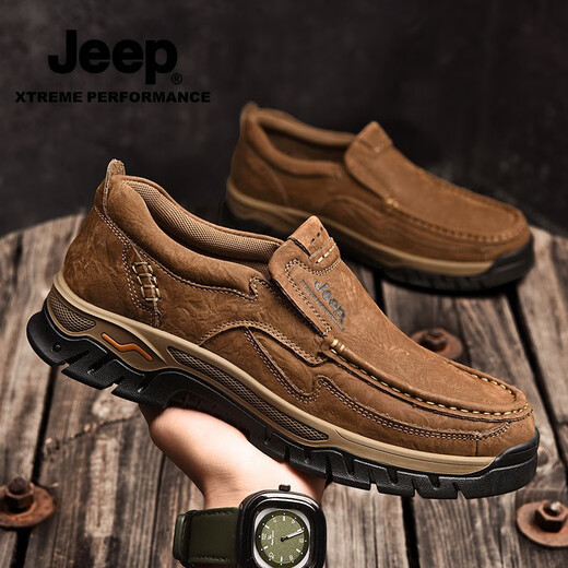 Jeep casual shoes for men in autumn and winter new first-layer cowhide shoes for the elderly, non-slip and wear-resistant business dad leather shoes, khaki standard leather shoe size 41