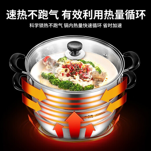 SUPOR steamer 304 stainless steel double-layer thickened compound bottom soup pot with steam grid household induction cooker gas stove double-layer thickened diameter 26cm