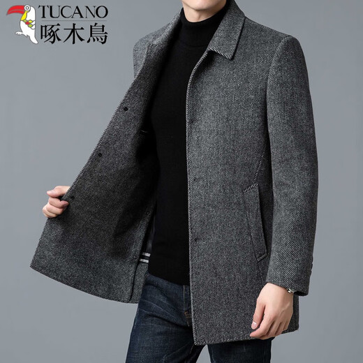 Woodpecker light luxury high-end cashmere double-sided woolen coat men's middle-aged mid-length coat winter coat thickened down lining gray 175/L
