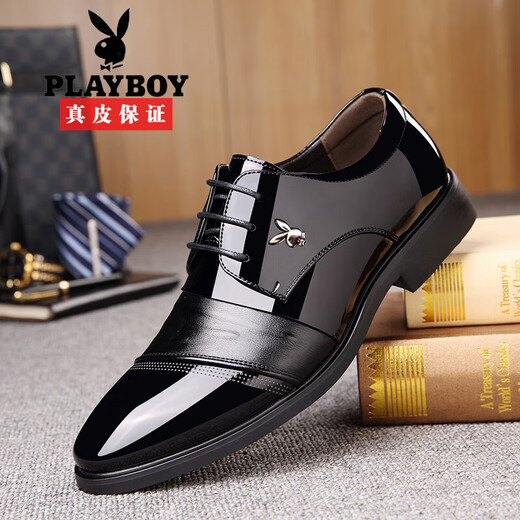 Playboy Lederschuhe für Männer Neue echte Ledergeschäft formelle Wear Herren speicherte Zehen Schnürhochzeit Bräutigam Männerschuhe für Männer H9928 Schwarz 42