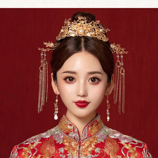 Dingjing bride Xiuhe dress headdress golden phoenix crown new Chinese style wedding tassel hair accessories high-end crown earrings set accessories