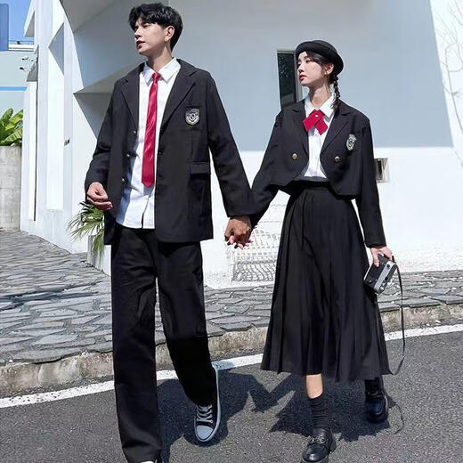 Wangyuesa High School Schülern Kleid Anzug Boy Anzug College -Paar Abschlusskleiderklasse Anzug Sommerstudent Männer Weiß Langarm Shirt Schwarz Hosen Anzug Schwarz Krawatte xl