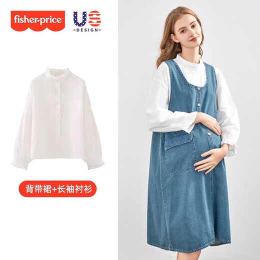 Fisher-Price Maternity Autumn Dress 2025 New Shirt Denim Suspender Skirt Autumn and Winter Two-piece Suit for Women Dark Blue Denim Suspender Skirt Suit M 98-120Jin Jin equals 0.5 kg Suitable to wear