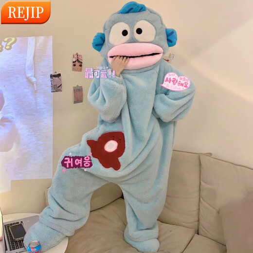 REJIP Hanton Ugly Fish Cute and Funny One-piece Couple Pajamas Women's Autumn and Winter Thickened Coral Fleece Hooded Men's Home Clothes Clown Fish One-piece XXL170-182CM