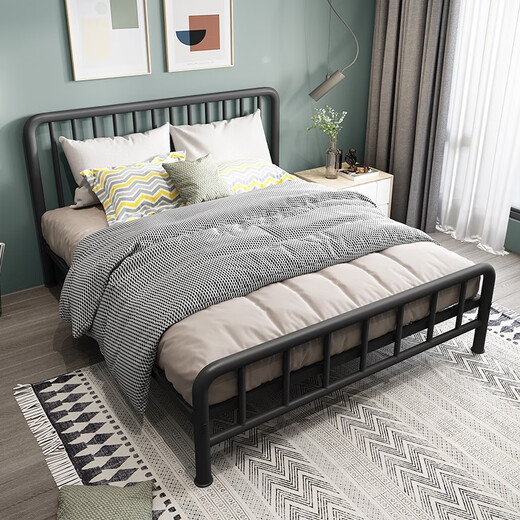 L&S bed iron bed European style iron frame bed fashionable double bed simple bedroom rental dormitory keel bed frame YC09 black 1.5*2m (shipped from 7 warehouses)