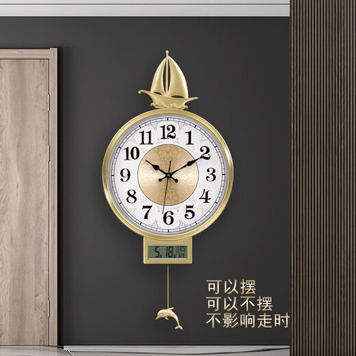 凯琴新中式黄铜装饰挂钟现代简约轻奢钟表帆船客厅装饰钟家居装饰时钟 黄铜大号9275无日历-金色表盘 整点音乐报时机芯（保10年）