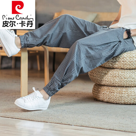 皮尔卡丹亚麻裤男夏季薄款九分裤束脚哈伦裤中国风男裤条纹棉麻裤子潮 MK983白色 L (115-135斤)