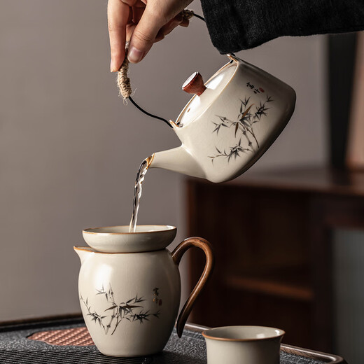 Porcelain brand tea set, Ru kiln tea set, household high-end ceramic split teapot, covered bowl, teacup, complete set of Kung Fu tea set, rich bamboo handle teapot, covered bowl, 8 cups, 13 pieces + Tao jar for washing dishes
