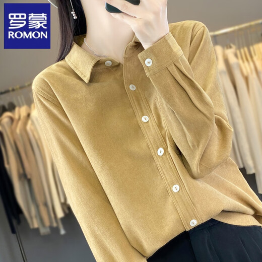 ROMON thickened double-sided velvet shirt women's autumn and winter new brushed shirt design plus velvet warm base cardigan shirt haze blue M polite