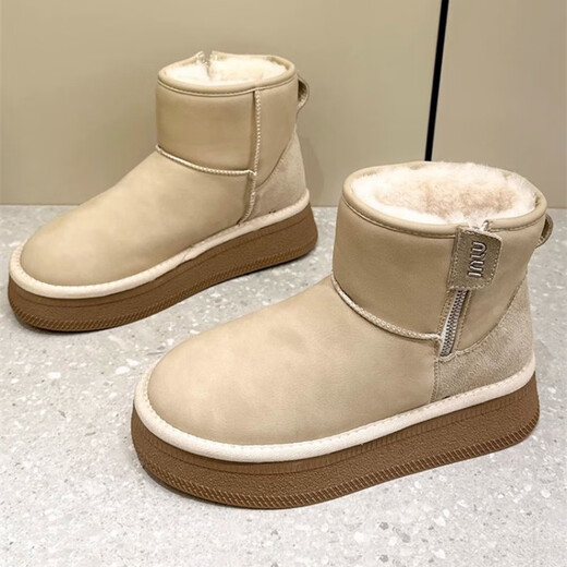 Saturday Lover SATURDAY LOVER Northeastern Schneestiefel Damen Europäische Kurzstiefel mit dicken Sohlen 2025 Winter Neuer Stil Samtverdicktes Echtleder Wasserdichte rutschfeste Baumwollschuhe Beige Upgraded 38