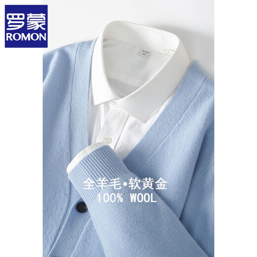 罗蒙（ROMON）秋冬新款100%羊毛开衫男V领纯色毛衣外套宽松休闲百搭针织衫上衣 天蓝色 L