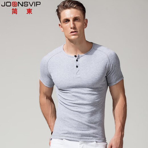 
Simple Henry shirt short-sleeved T-shirt men's solid color cotton open tie buckle Henry neckline thread tight body shirt summer blue M (about 60kg)