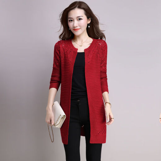 Mid-length sweater women's coat knitted cardigan spring and autumn new style hollow solid color versatile knitted top coat women's burgundy [Collection store. Priority delivery] XXXL [recommended 145-155Jin [Jin equals 0.5 kg]]
