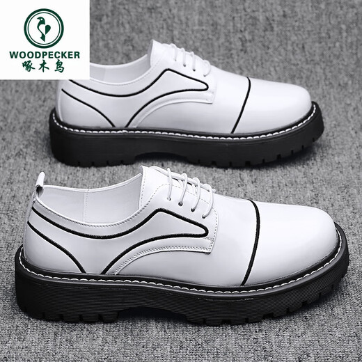 
Woodpecker 2025 British style round head thick sole black leather shoes for men Korean style hairstylist formal business glossy men's shoes new style black and green 15276 41