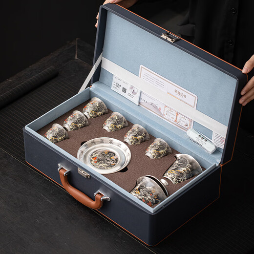 SUSHI CERAMICS gilt silver ink dragon Sancai bowl tea set set intangible cultural heritage master Zheng Wenqiang's gift box Kung Fu tea set