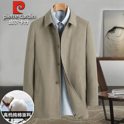 Pierre Cardin 2025 Spring and Autumn New Business Men's 100% Cotton Windbreaker Mid-Length Casual Dad Wear High-end Large Size Jacket Khaki Authentic + 100% Cotton Fabric 2XL 185