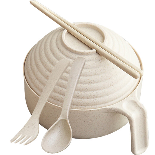 Qiaoju Qiaowu wheat straw tableware instant noodle bowl with lid rice bowl personal bowl set soup bowl large bowl and chopsticks household khaki 5-piece set