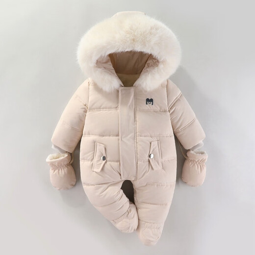 Ha Meng Deer baby jumpsuit hooded plus velvet thickened infant and toddler jumpsuit 2025 winter new style jumpsuit HY thick climbing double zipper beige 66cm 66 size recommended 0-3 months