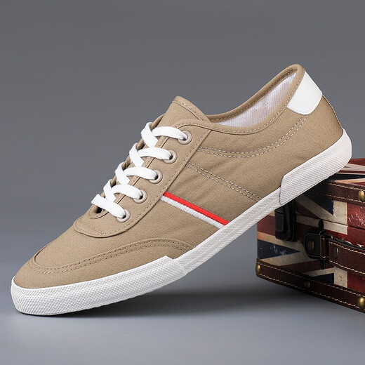 Shanbu Canvas Schuhe Herren-Schnüre Frühling und Herbst Low Top Atmungsfreie, vielseitige, vielseitige Koreaner-Board-Schuhe Flat Heel Fahren Sie lässig einfache weiße Schuhe Herren Khaki (9272) Größe 40