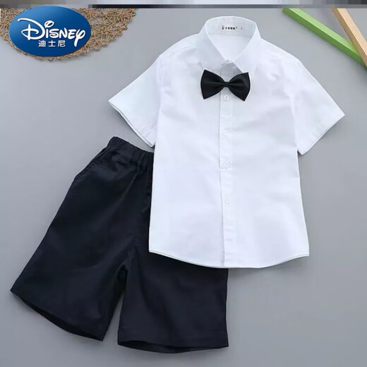 迪士尼（Disney）儿童白衬衫黑裤子男童演出服套装夏季短袖薄款衬衣短西裤两套 男短袖+藏青中裤+纯藏青领带 160 cm
