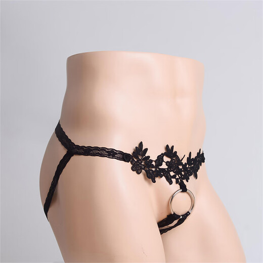 Men's sexy ring underwear, lace temptation sexy thong, sexy double thong T-pants, black, one size fits all, 150Jin, Jin is equal to 0.5kg, within