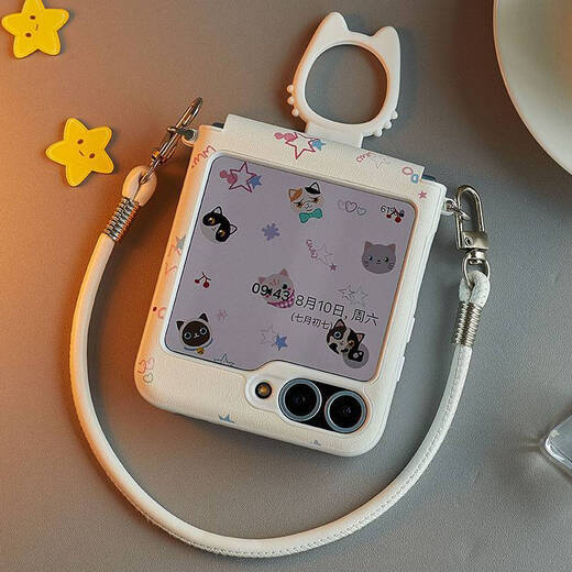 Bohuiyou is suitable for the new Samsung Galaxy Zflip6 mobile phone case 5 with lanyard, can be carried on the back and cross-body, zflip folding screen protective case, small folding Internet celebrity, hinge full package, cat ring mobile phone case + pendant + portable + crossbody Samsung Galxy Z Flip 6