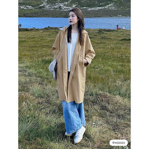ELLE法式高级感拼接撞色连帽风衣外套女2025春季新款中长款上衣 卡其 S