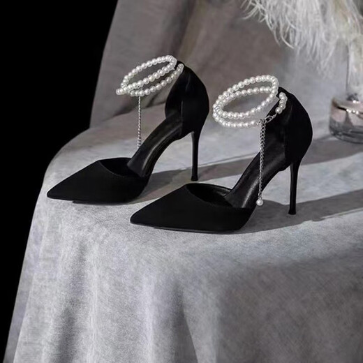 Qiaoyi Spring y Autumn New French Toe Toe Slim High Heels Hada Fairy Style One-Tie Pearl Sandals for Women Black [tamaño 37] (altura del talón 7 cm)