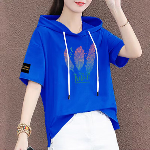 熊司令有戴带帽孑的棉半袖女帽衫短袖t恤连帽女装新款夏季宽松半截袖 蓝色-687袖子标 2XL 2xl