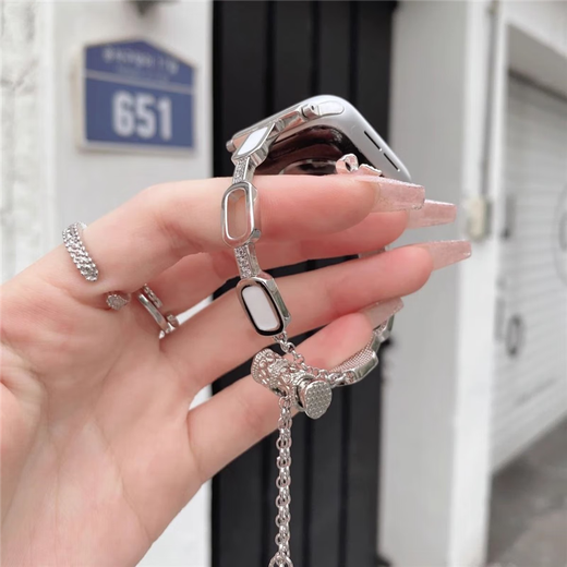 
Star Welcoming Metal Bracelet iwatchS8/S9 Apple Watch Apple Watch87654 Strap Se Bracelet Inlaid Diamond Bracelet Shell Retractable Chain-Black Apple iWatch S841mm