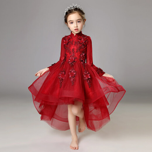 Xiaokayi Nong children's evening dress girl princess dress wedding dress flower girl host piano performance costume little girl performance costume off size wine red short front and long sleeves 120cm