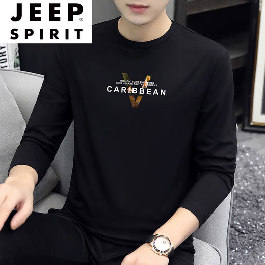 
JEEP SPIRIT Jeep High-end 2025 Spring and Autumn Long Sleeve T-shirt Men's Thin Model Modal Cotton Autumn Clothes Black Trendy Printed Base Shirt 15122 Black M (suitable for 95-115Jin [Jin equals 0.5 kg])