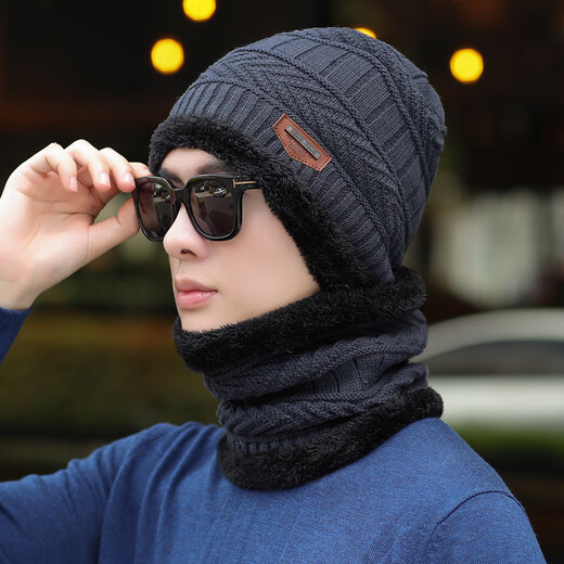 Demi Anissa Hat Men's Autumn and Winter Warm Plus Velvet Thickened Wool Hat Women's Scarf Knitted Hat Outdoor Cycling Coldproof Neck Cover Ear Protection Cotton Lei Feng Hat Set Black One Size